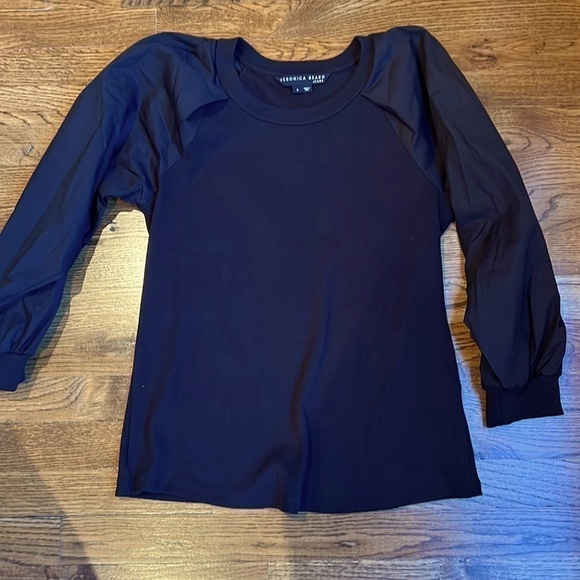VERONICA BEARD JEANS Gibson MIXED MEDIA BLACK BALLOON SLEEVE RIBBED TOP SIZE S - Picture 3 of 12